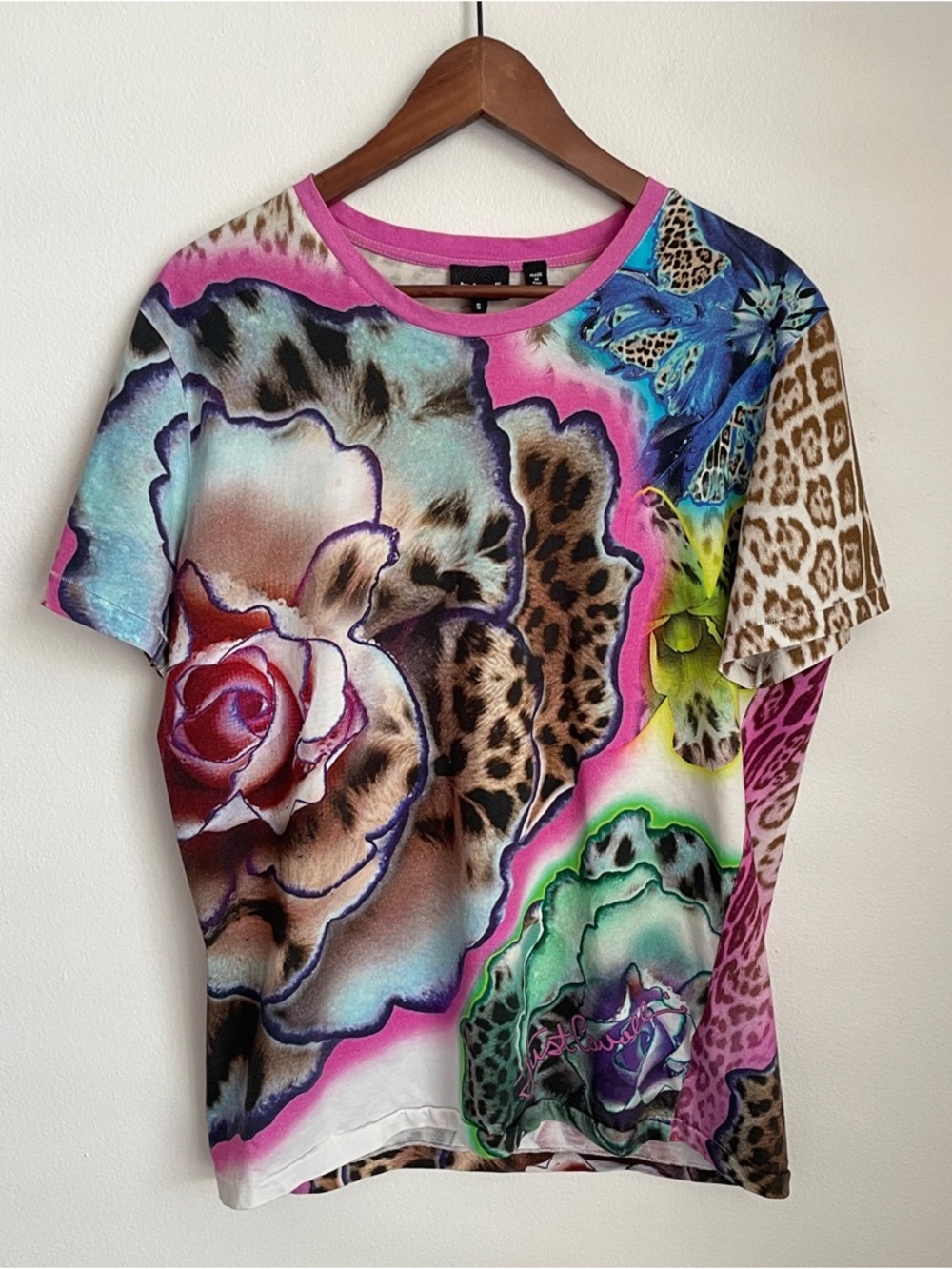 Just Cavalli Floral Leopard Print Short Sleeve Graphic T-Shirt Women’s Small